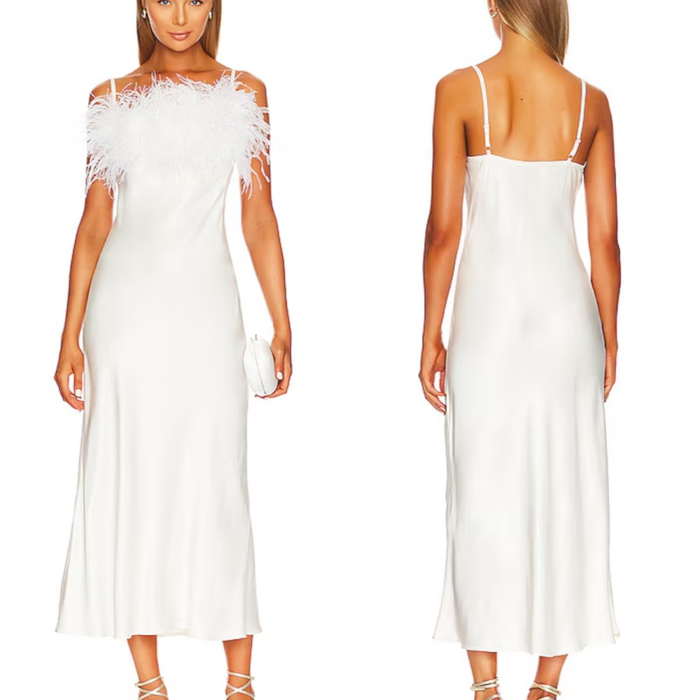 Sleeper Boheme Slip Dress with Feathers in White
NWT